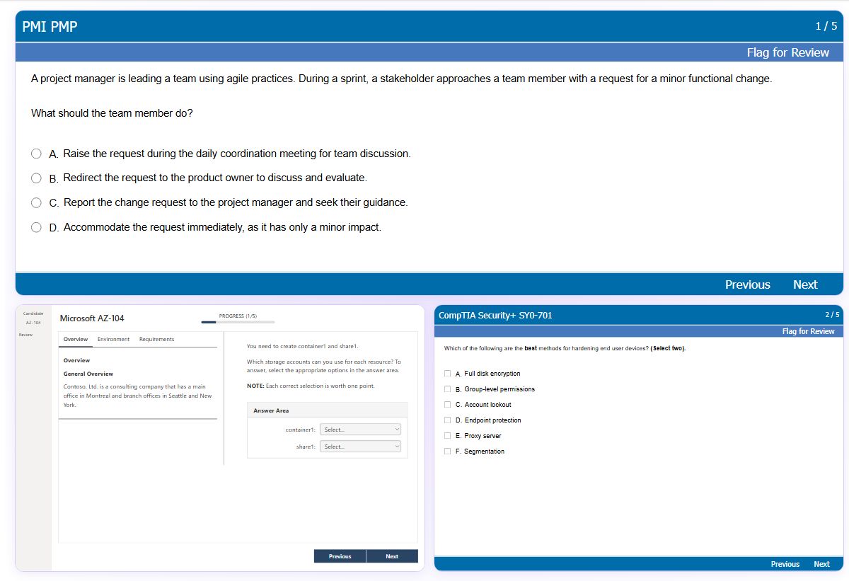 Free simulator previews from PMP, AZ-104 and CompTIA Security+ exams